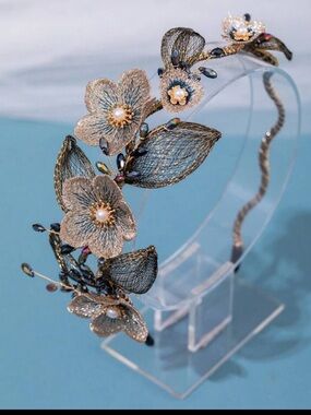 floral beaded bridal headband with intricate mesh flowers